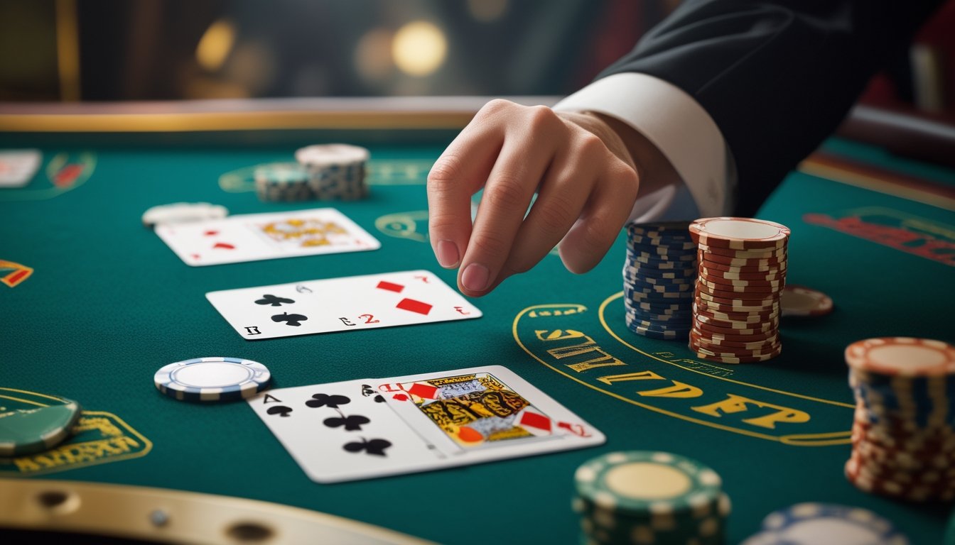 Meja blackjack dengan kartu dan tumpukan chip di kasino, dengan tangan dealer yang sedang meletakkan chip.