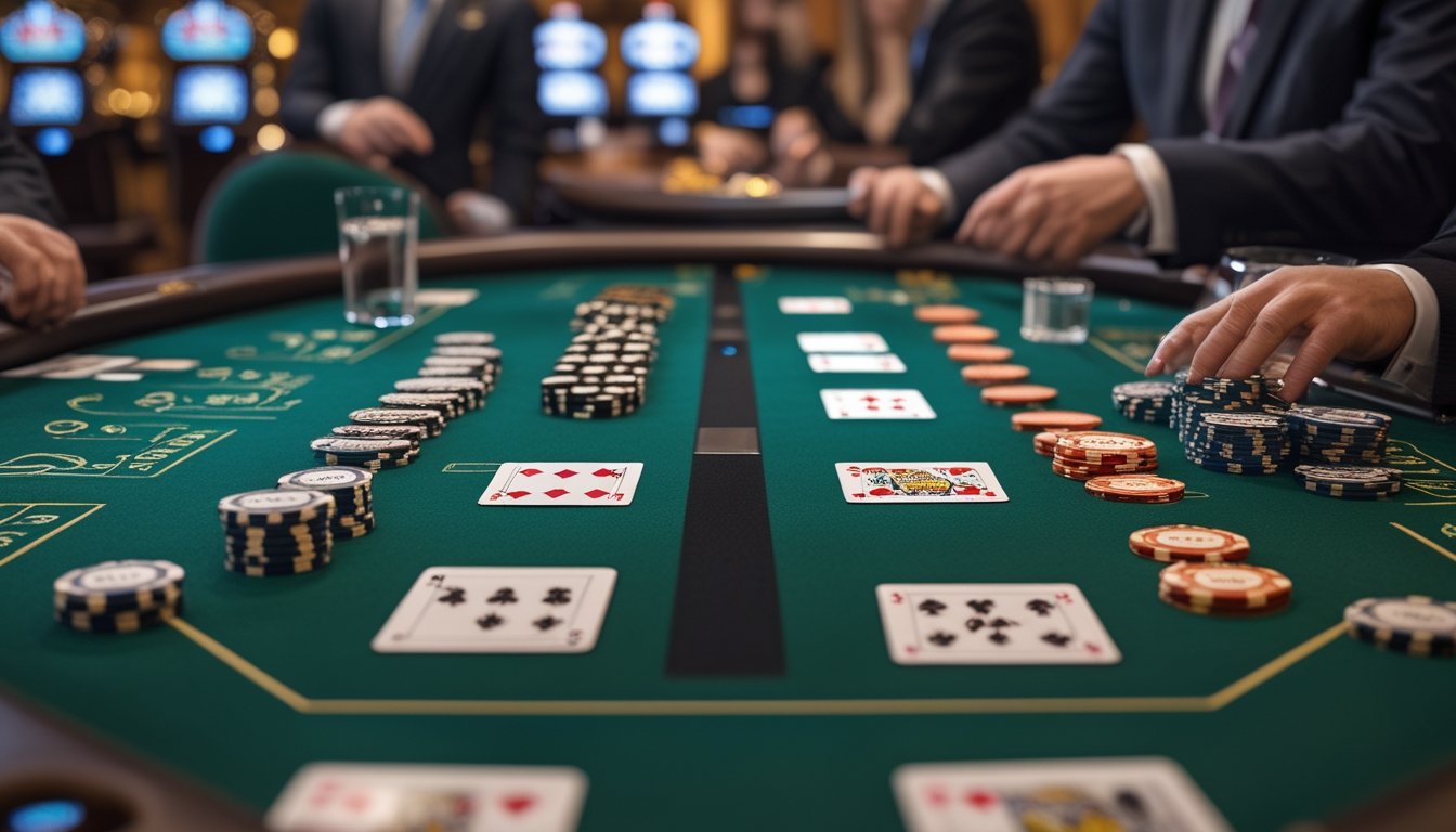 Meja kasino dengan dua permainan Blackjack yang berbeda, satu dengan tangan tunggal dan satu dengan dua tangan yang bisa ditukar, dealer membagikan kartu kepada pemain.
