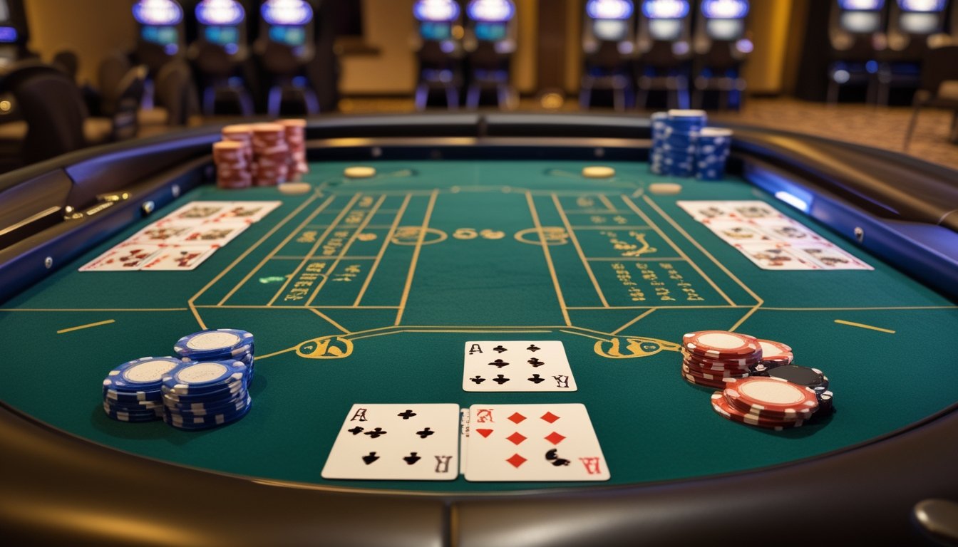 Meja kasino dengan kartu dan chip yang menunjukkan dua varian permainan blackjack yang berbeda.