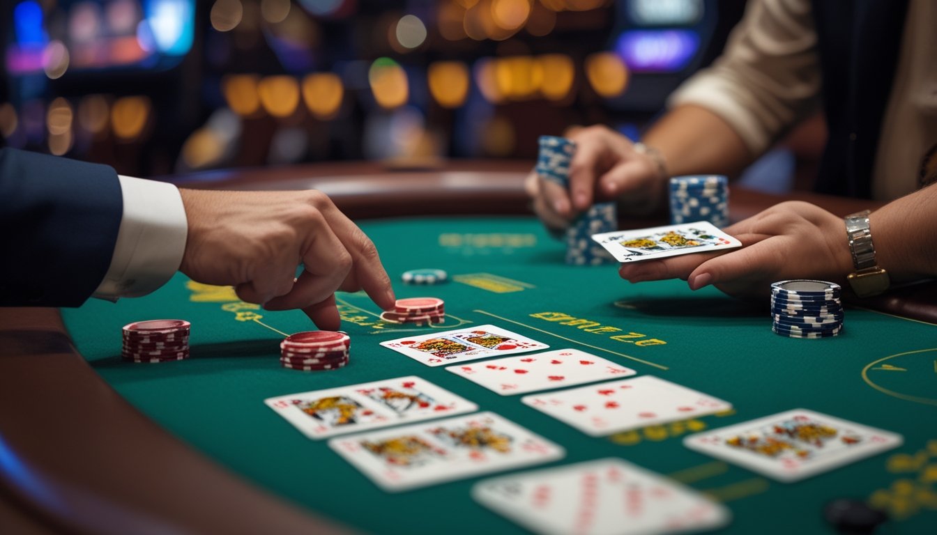 Meja blackjack di kasino dengan beberapa tangan kartu dan tumpukan chip, menampilkan suasana permainan Blackjack Switch.