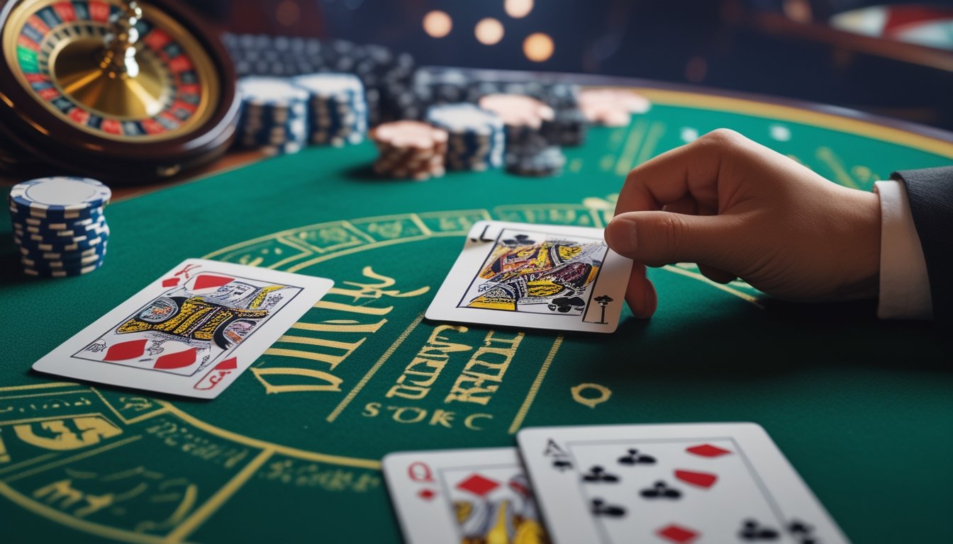 Meja blackjack dengan dua tangan kartu dan tumpukan chip, seorang pemain sedang menghitung peluang menang dengan ekspresi fokus.