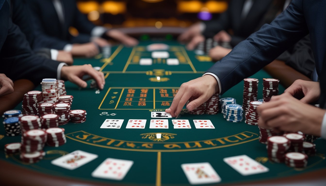 Meja kasino dengan kartu dan chip, pemain dan dealer sedang bermain blackjack switch.