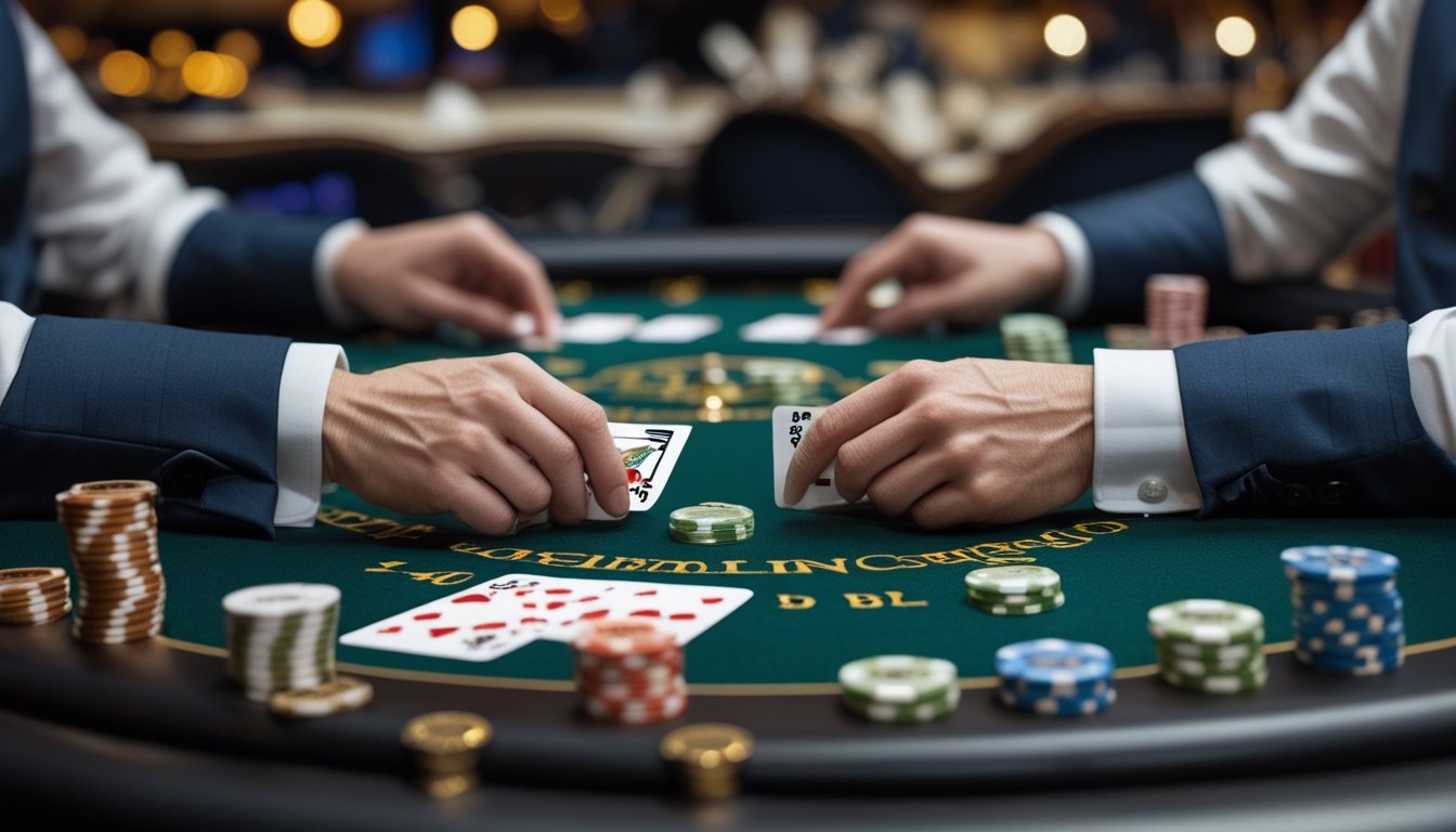 Meja blackjack dengan dua tangan kartu yang sedang dimainkan, menunjukkan pemain yang melakukan pertukaran kartu di kasino.