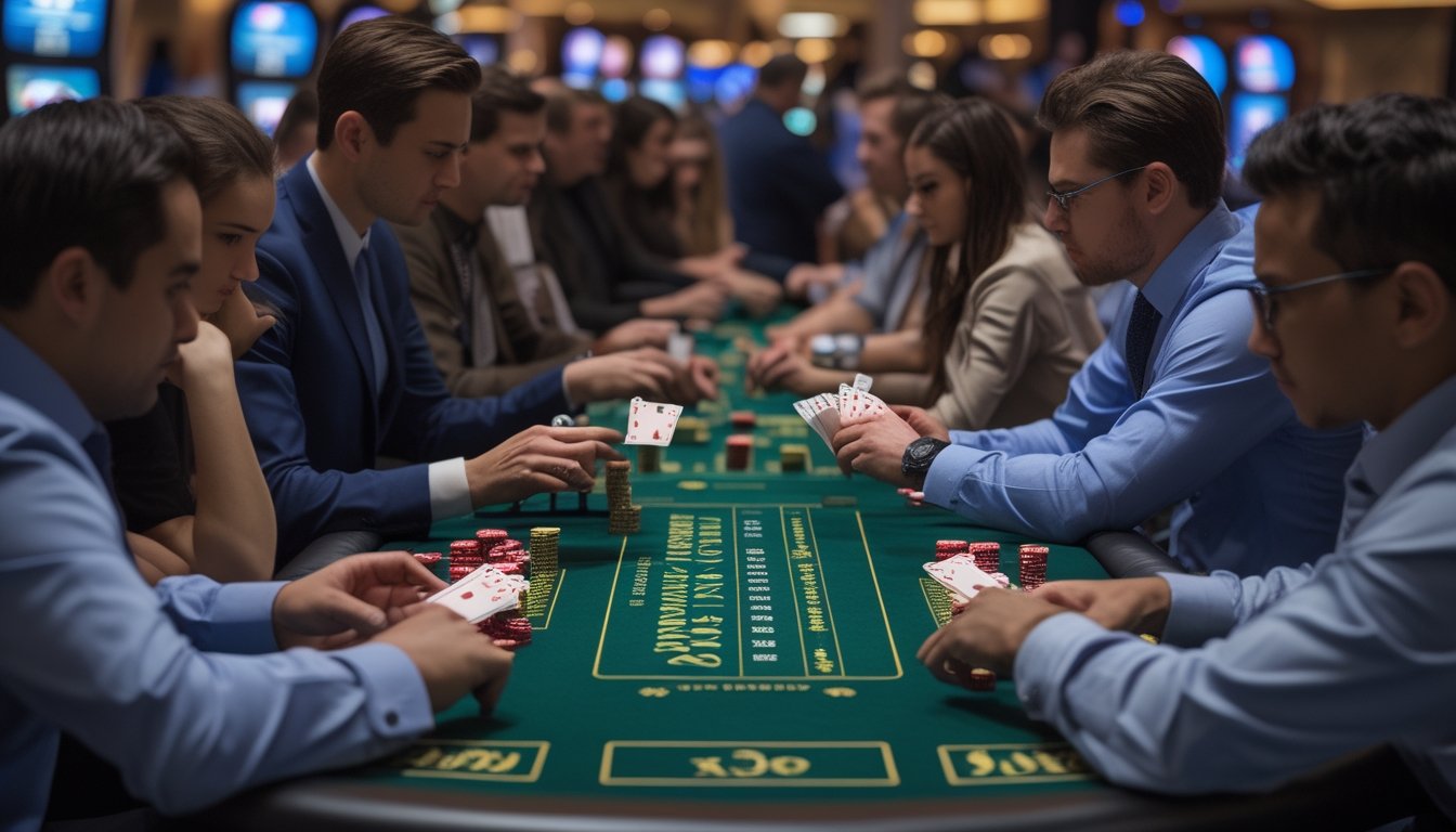 Beberapa pemain duduk di meja blackjack switch di kasino, fokus pada kartu dan chip dengan dealer yang membagikan kartu.