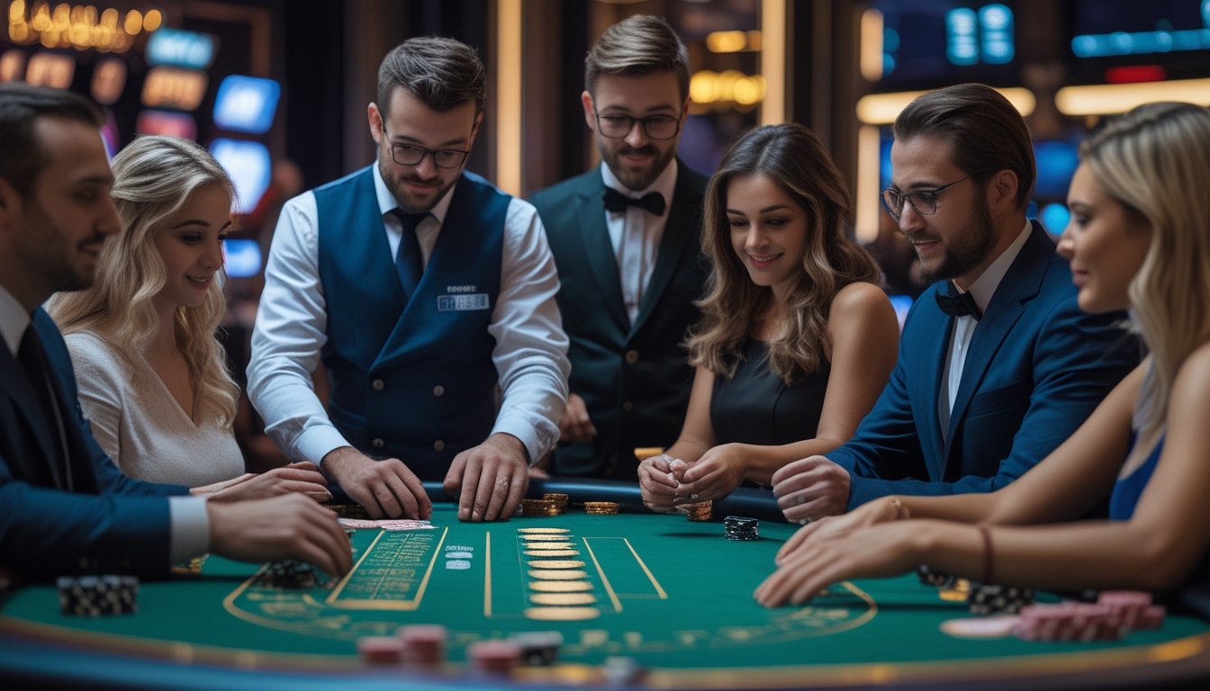 Sekelompok pemain sedang bermain Blackjack Switch di meja kasino dengan dealer yang sedang membagikan kartu.