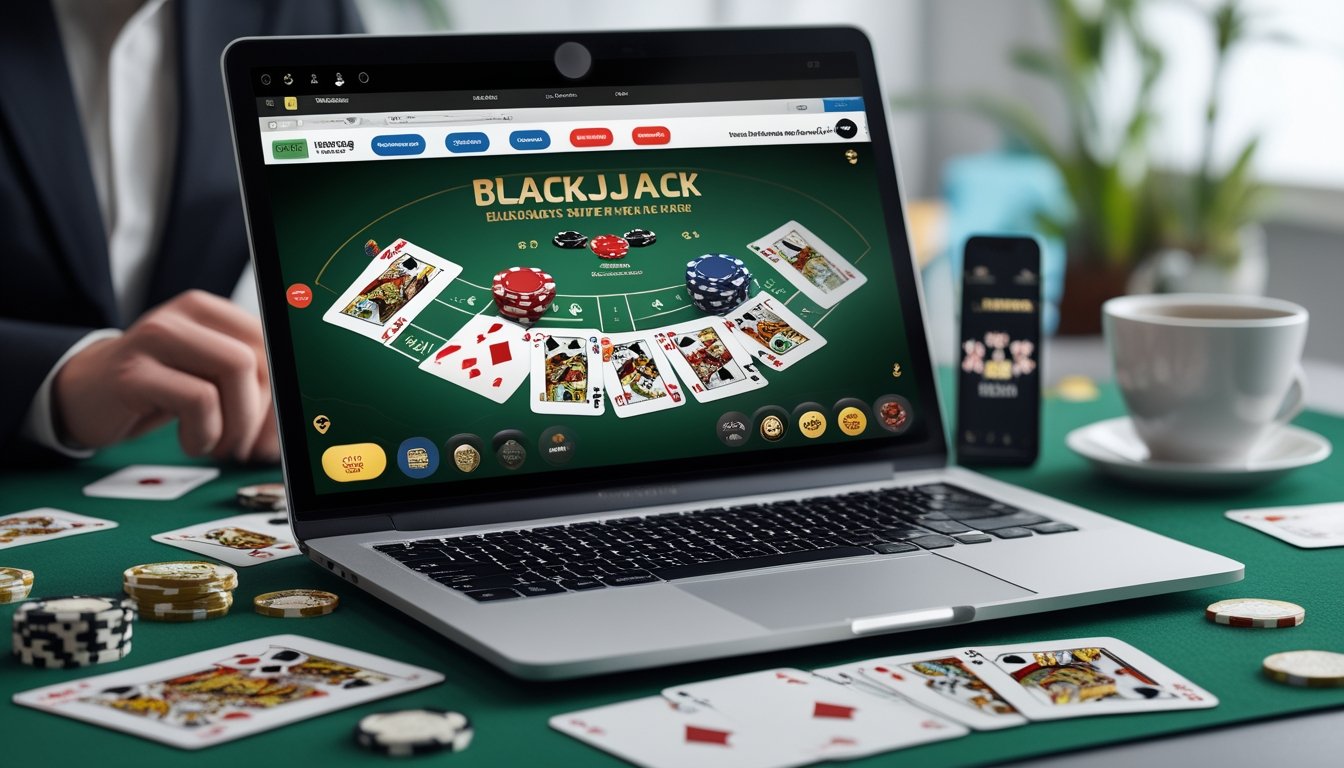 Seorang pemain duduk di depan laptop dengan kartu remi dan chip poker di meja, bermain permainan blackjack switch secara online.