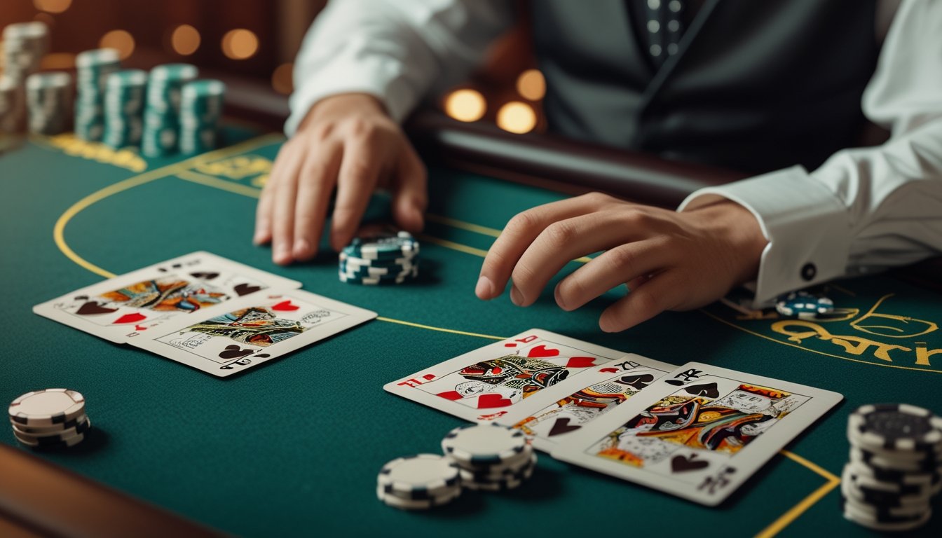 Meja kasino dengan kartu blackjack switch dan tumpukan chip, tangan dealer sedang menyentuh kartu.