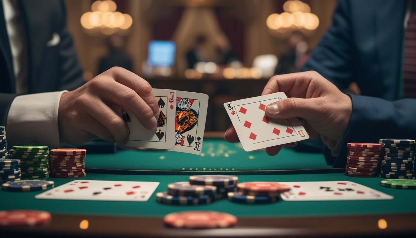 Meja kasino dengan dua tangan memegang kartu blackjack dan tumpukan chip, menunjukkan permainan Blackjack Switch.