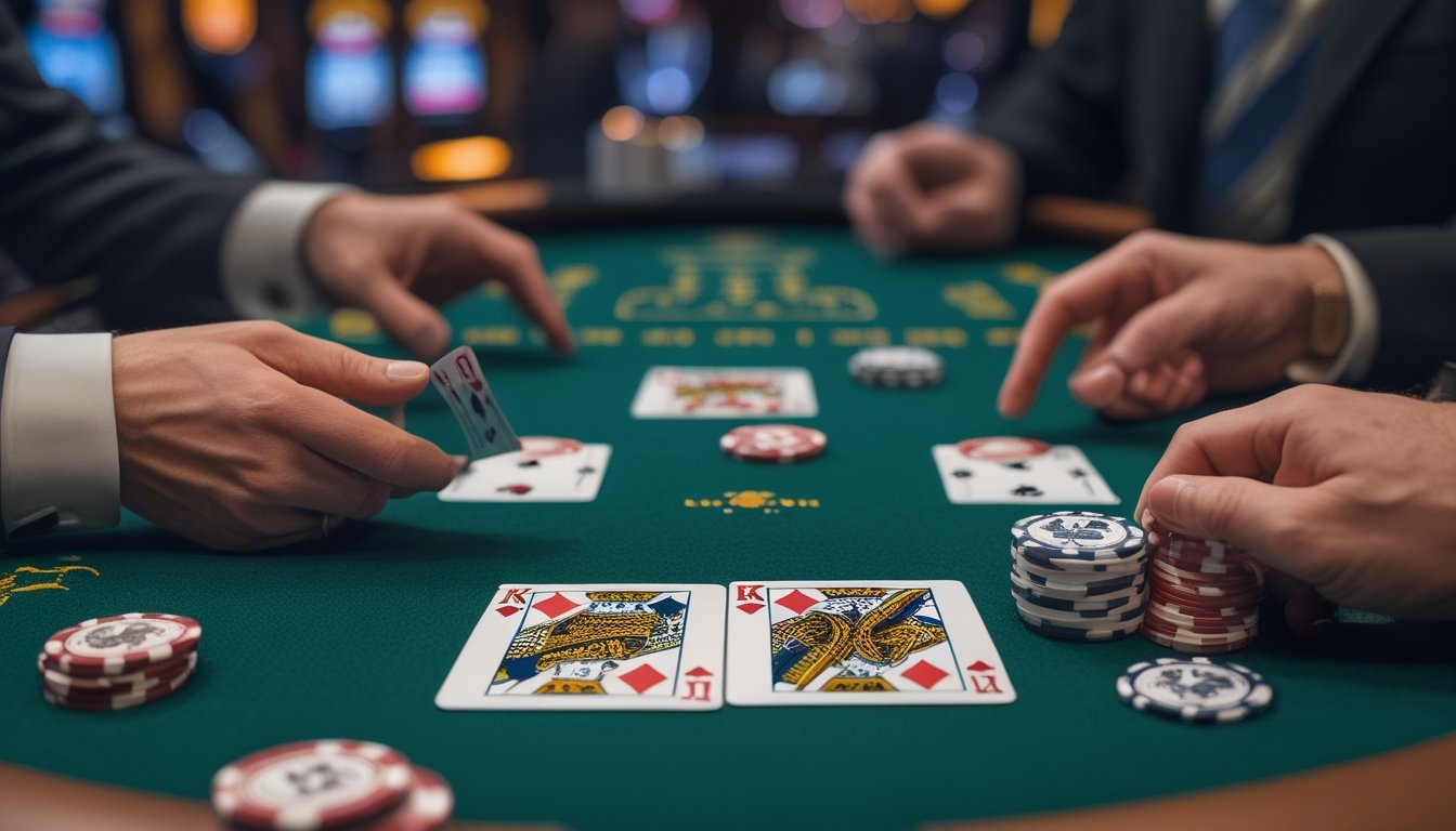 Meja blackjack dengan dua tangan kartu dan tumpukan chip di kasino.