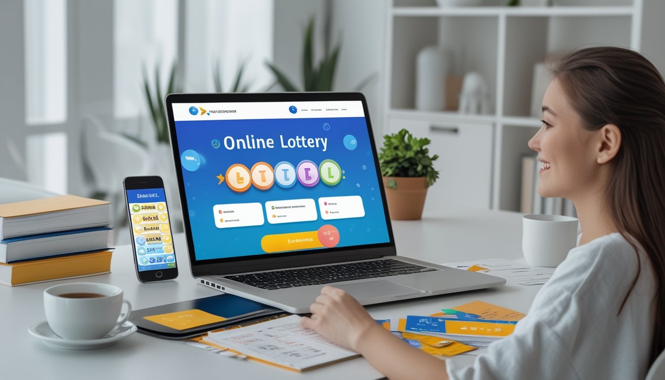 Seorang dewasa muda duduk di meja kerja dengan laptop terbuka menampilkan situs togel online, dikelilingi catatan dan ponsel, di ruangan terang dengan tanaman dan rak buku.