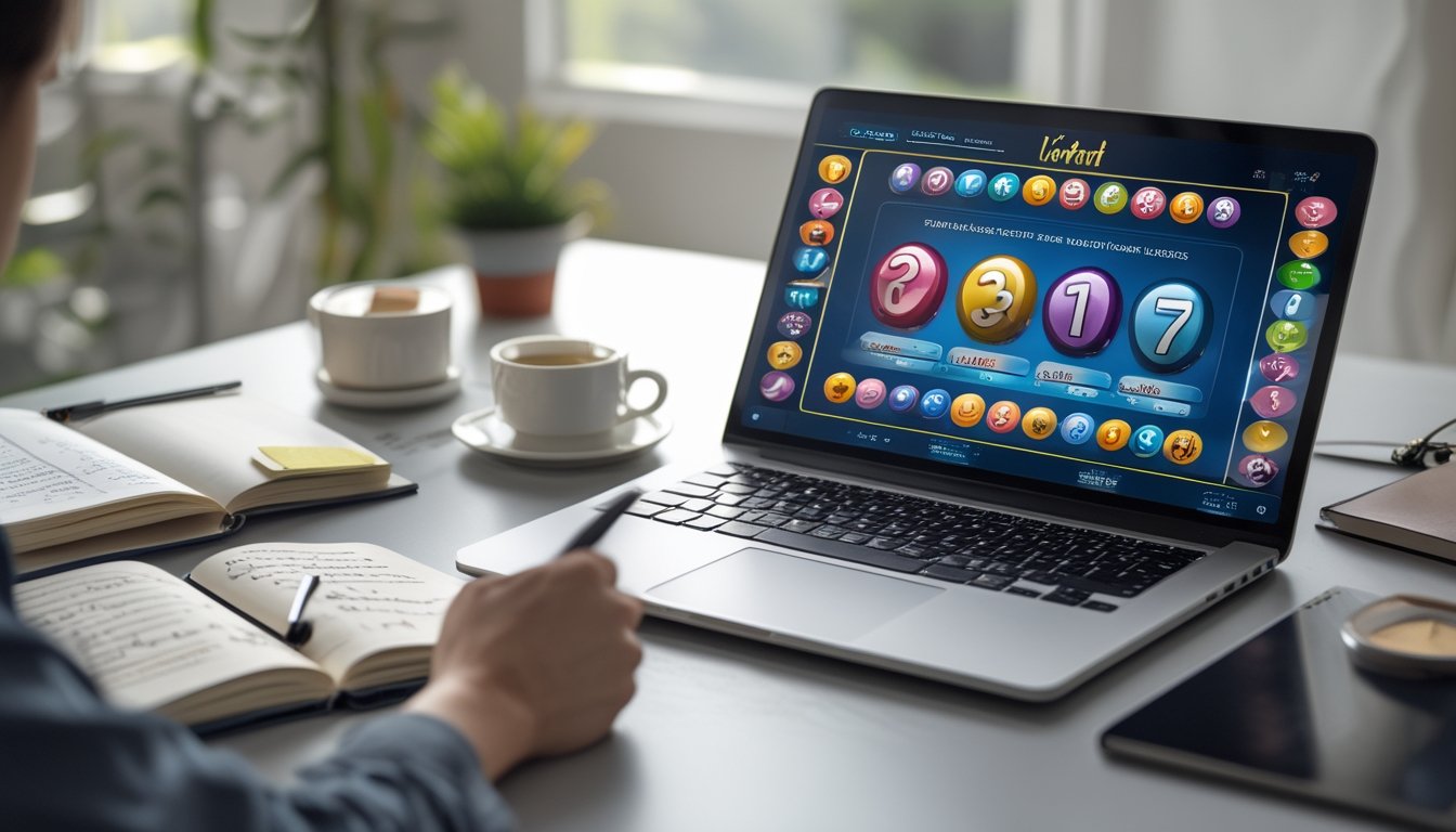 Meja kerja dengan laptop yang menampilkan permainan lotere online, buku catatan terbuka, pena, dan secangkir kopi.