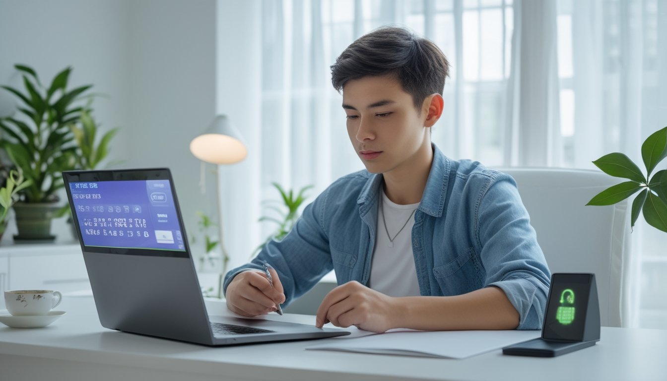Seorang dewasa muda duduk di meja kerja dengan laptop, mencatat dengan fokus di ruang kerja yang terang dan rapi.