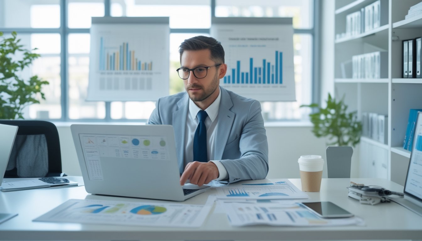 Seorang profesional sedang duduk di meja kantor modern sambil menganalisis data di laptop dengan latar belakang jendela besar dan rak buku.