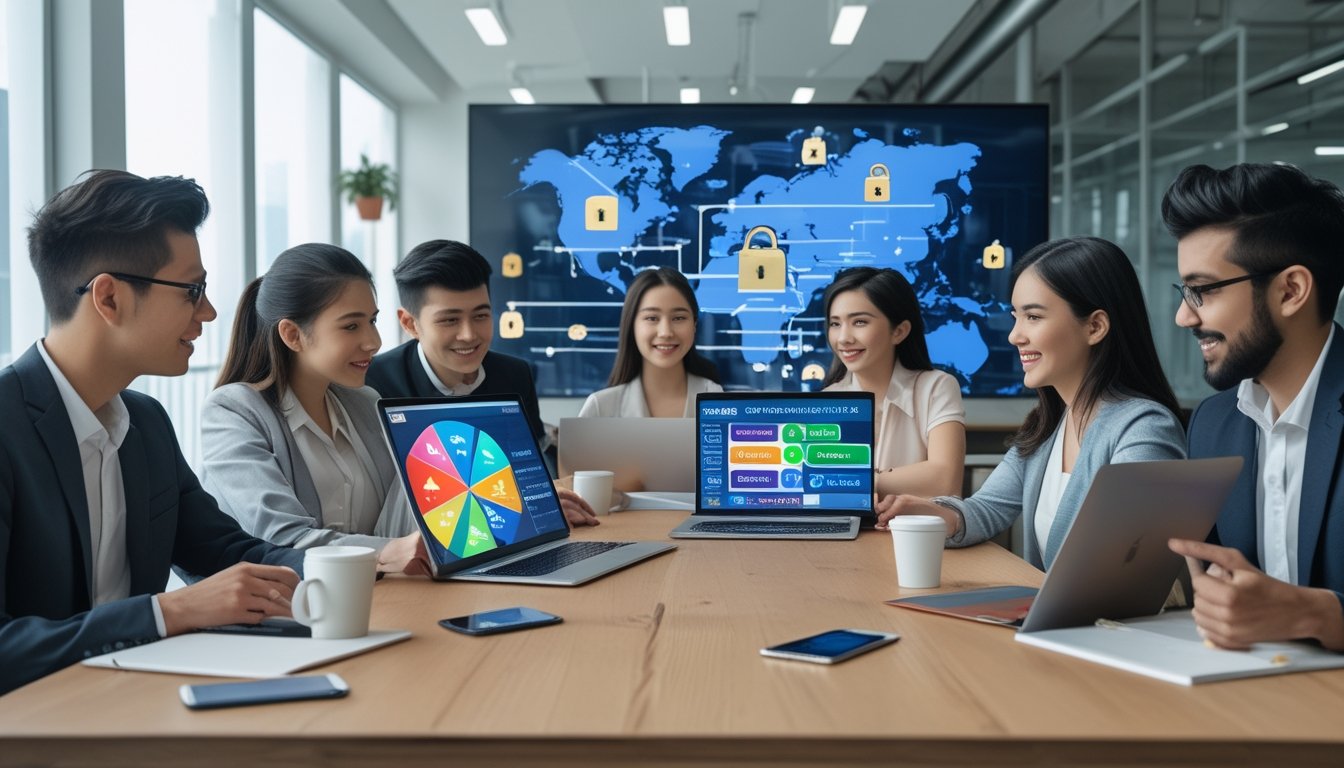 Sekelompok orang muda sedang berdiskusi di meja kerja dengan laptop dan tablet yang menampilkan grafik dan angka togel, di ruang kantor yang terang dan modern.