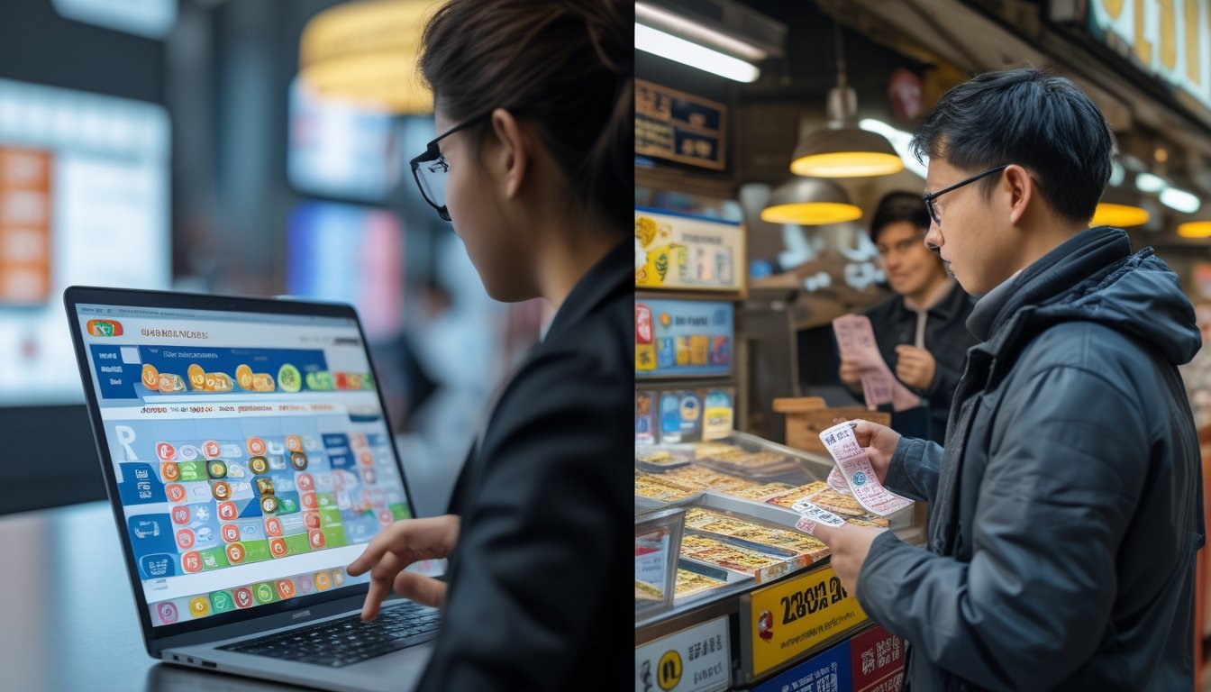 Seorang pria menggunakan ponsel untuk togel online di sebelah kiri dan seorang wanita membeli tiket togel tradisional di kios pasar di sebelah kanan.