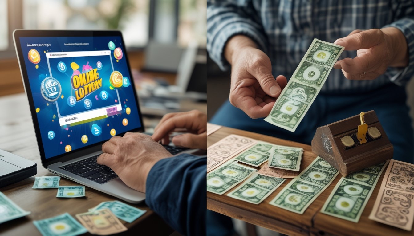 Gambar dua orang, satu menggunakan laptop atau ponsel untuk bermain togel online, dan satu lagi memegang tiket togel tradisional di pasar.