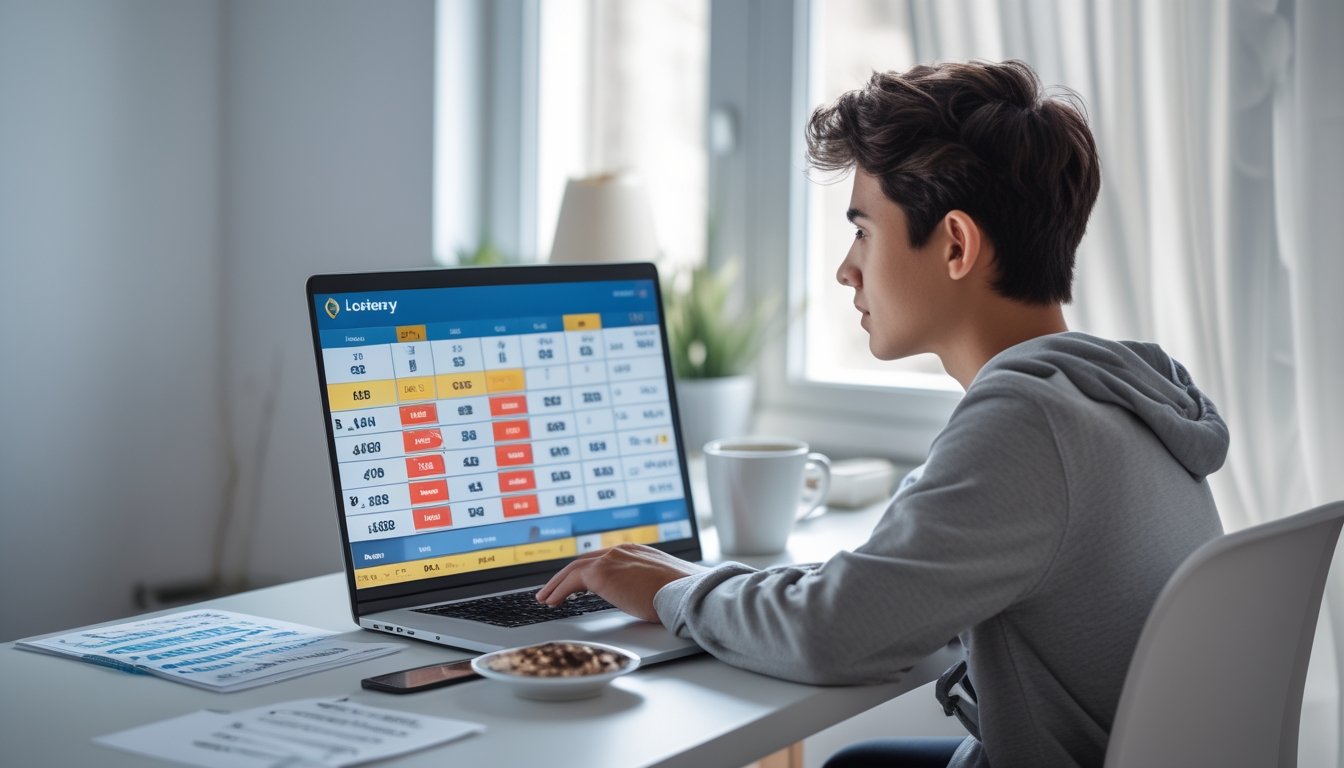 Seorang dewasa muda duduk di meja kerja dengan laptop, menganalisis data permainan togel online dalam ruangan kantor rumah yang terang.