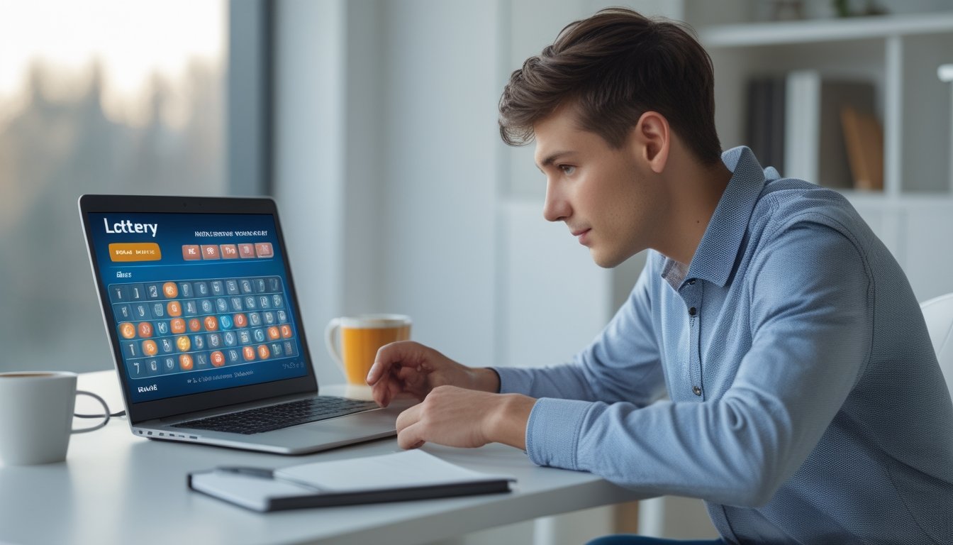 Seorang dewasa muda duduk di meja dengan laptop, terlihat fokus mempelajari permainan togel online di ruang kerja yang terang dan rapi.