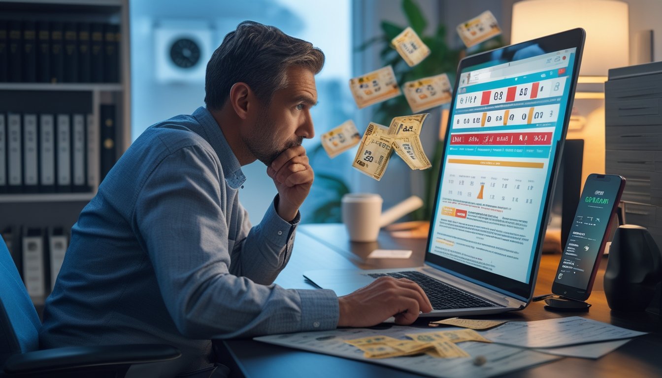 Seorang pria duduk di meja dengan laptop, terlihat khawatir saat melihat layar yang menampilkan situs togel online, di sekitarnya terdapat tiket togel dan ponsel dengan notifikasi peringatan.