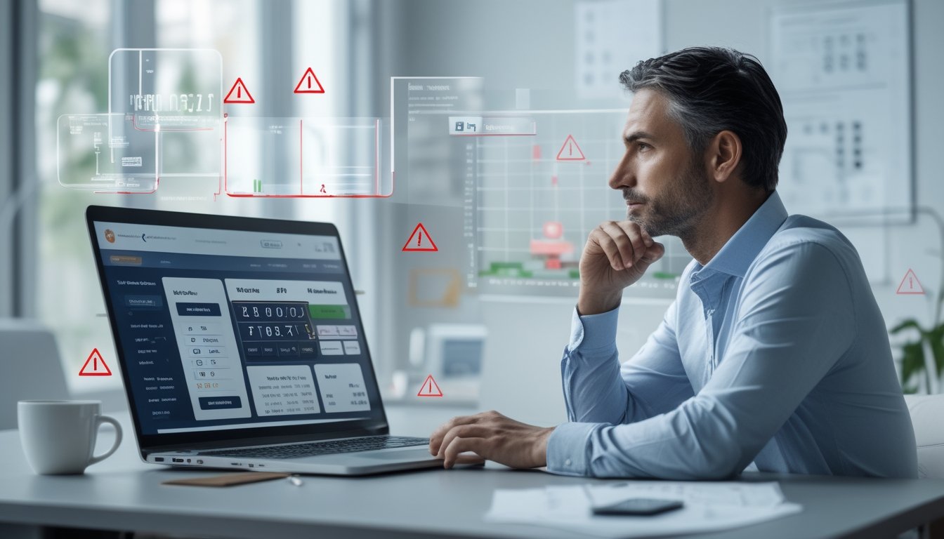 Seorang pria dewasa duduk di depan laptop di meja kerja, memperhatikan layar dengan ekspresi serius, dikelilingi oleh simbol peringatan dan grafik samar yang menggambarkan risiko bermain togel online.