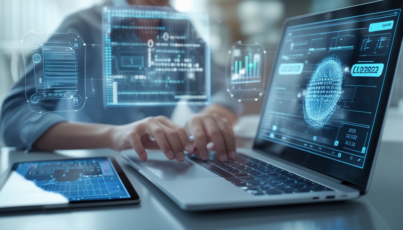 Seseorang bekerja dengan laptop dan tablet yang menampilkan kode digital dan grafik statistik di meja kerja modern.