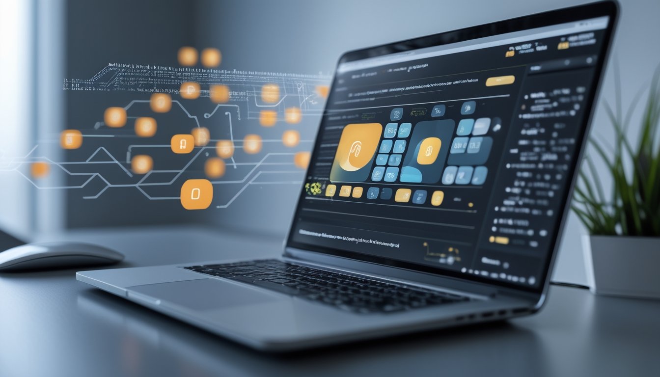 Seorang profesional bekerja dengan laptop yang menampilkan antarmuka sistem togel online dan grafik algoritma di meja kerja modern.