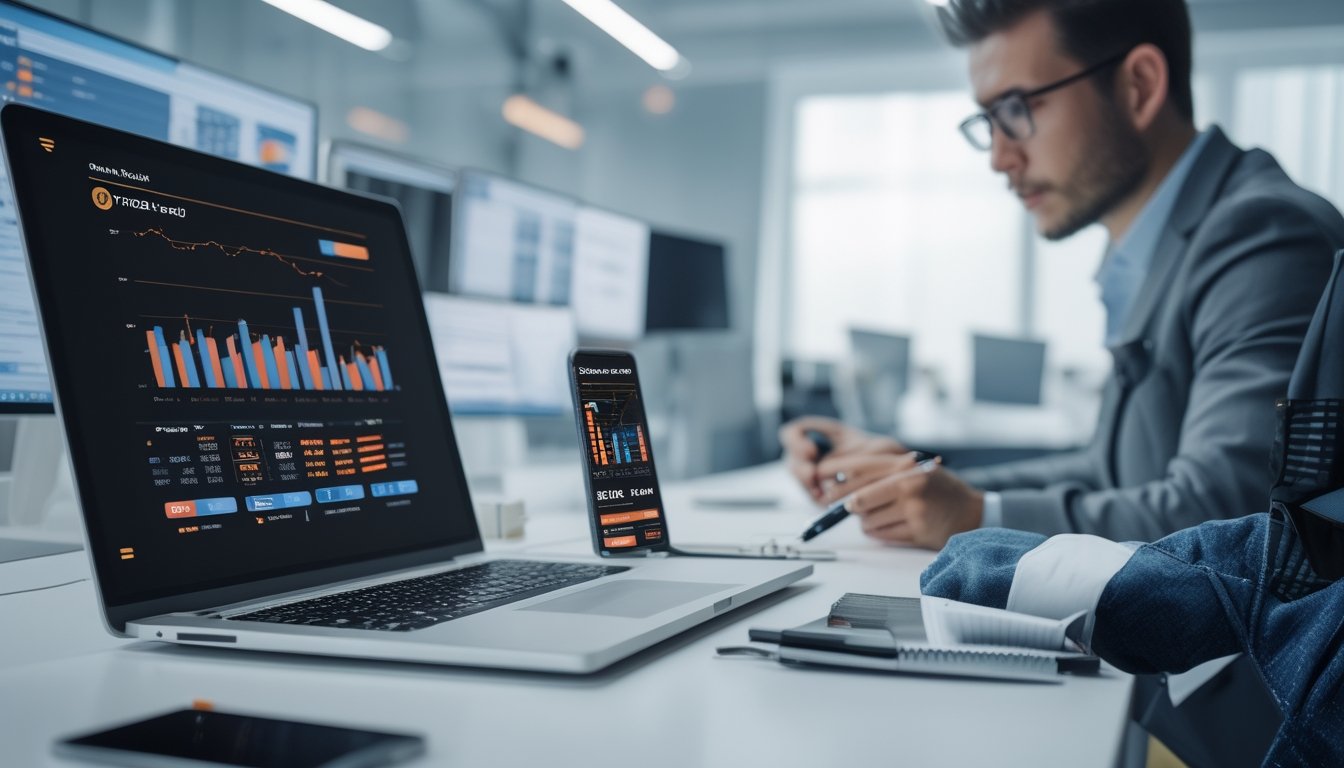 Seorang profesional sedang bekerja dengan laptop dan ponsel di meja kantor yang rapi, menganalisis data terkait togel online dan perkembangan platform digital.