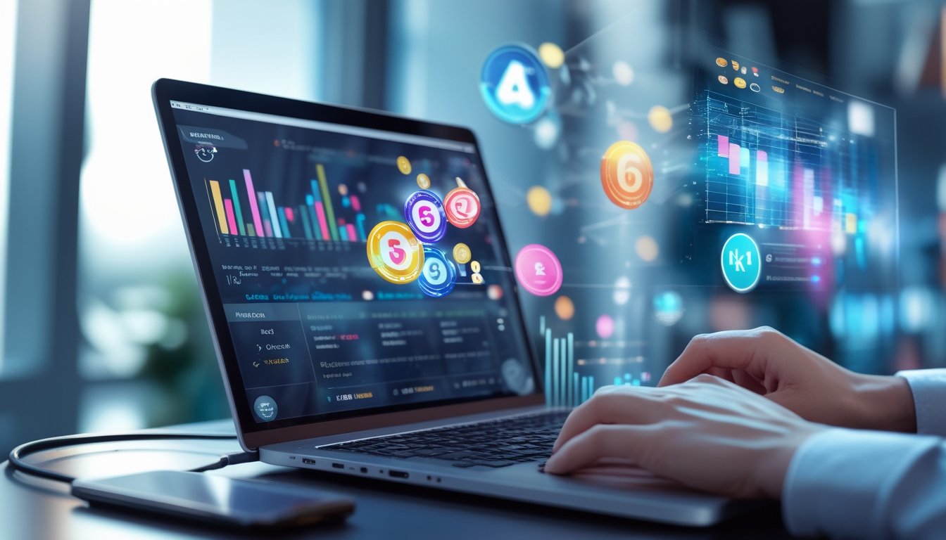 Meja kerja modern dengan laptop dan ponsel menampilkan angka togel dan ikon digital yang melayang, menggambarkan perkembangan permainan togel di era digital.