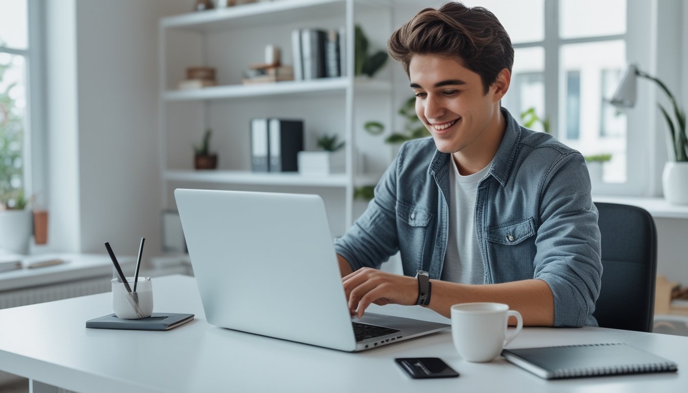 Seseorang sedang duduk di meja kerja dengan laptop, fokus mengisi formulir pendaftaran akun online di ruang kerja yang terang dan rapi.