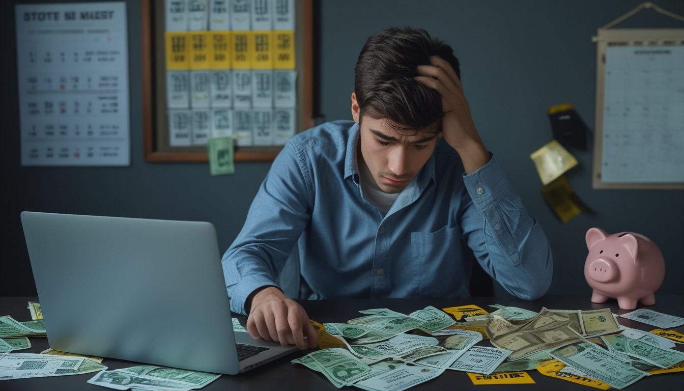 Seorang pria muda duduk di meja dengan tiket togel, tagihan, dan laptop, terlihat stres dan kewalahan dengan uang dan dokumen keuangan yang berserakan di sekitarnya.