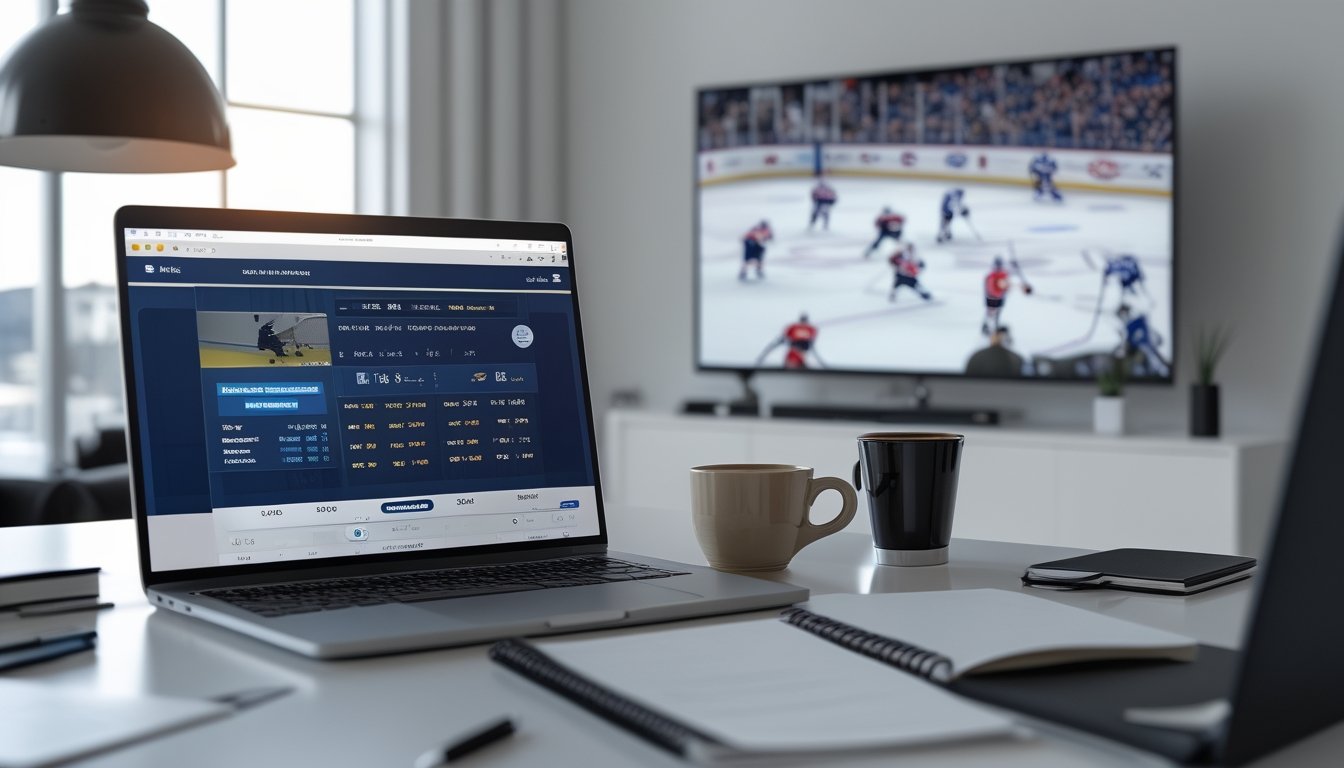 Meja kerja modern dengan laptop yang menampilkan antarmuka taruhan NHL, cangkir kopi, dan televisi yang menayangkan pertandingan hoki es NHL.
