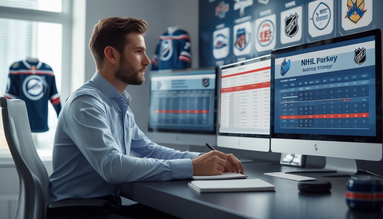 Seorang pria sedang menganalisis strategi taruhan NHL di depan beberapa monitor komputer dengan statistik dan diagram taruhan.
