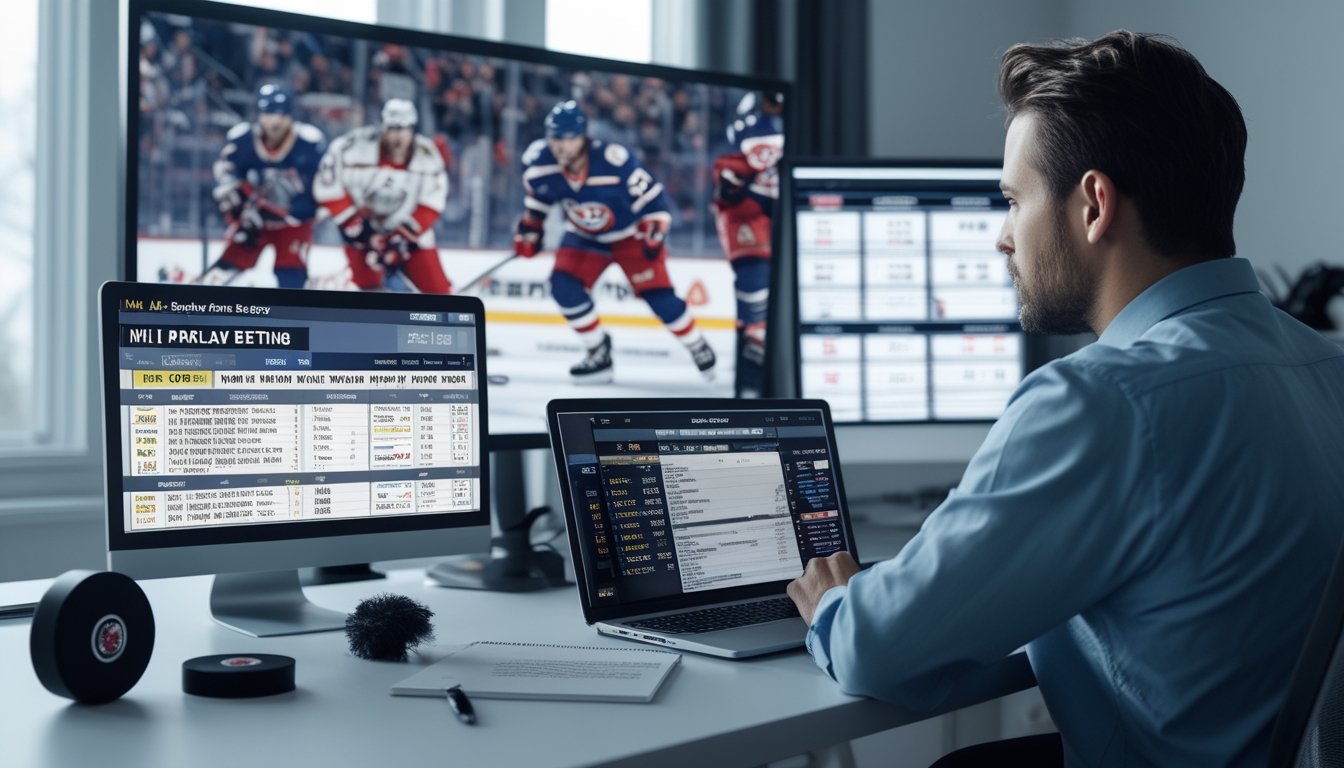 Seorang pria sedang menganalisis taruhan parlay NHL dengan beberapa perangkat digital dan layar pertandingan hoki di latar belakang.