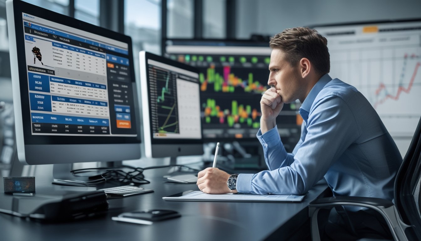 Seorang analis olahraga sedang bekerja di depan beberapa layar komputer yang menampilkan statistik dan prediksi taruhan NHL, dengan papan tulis berisi diagram strategi hoki di latar belakang.
