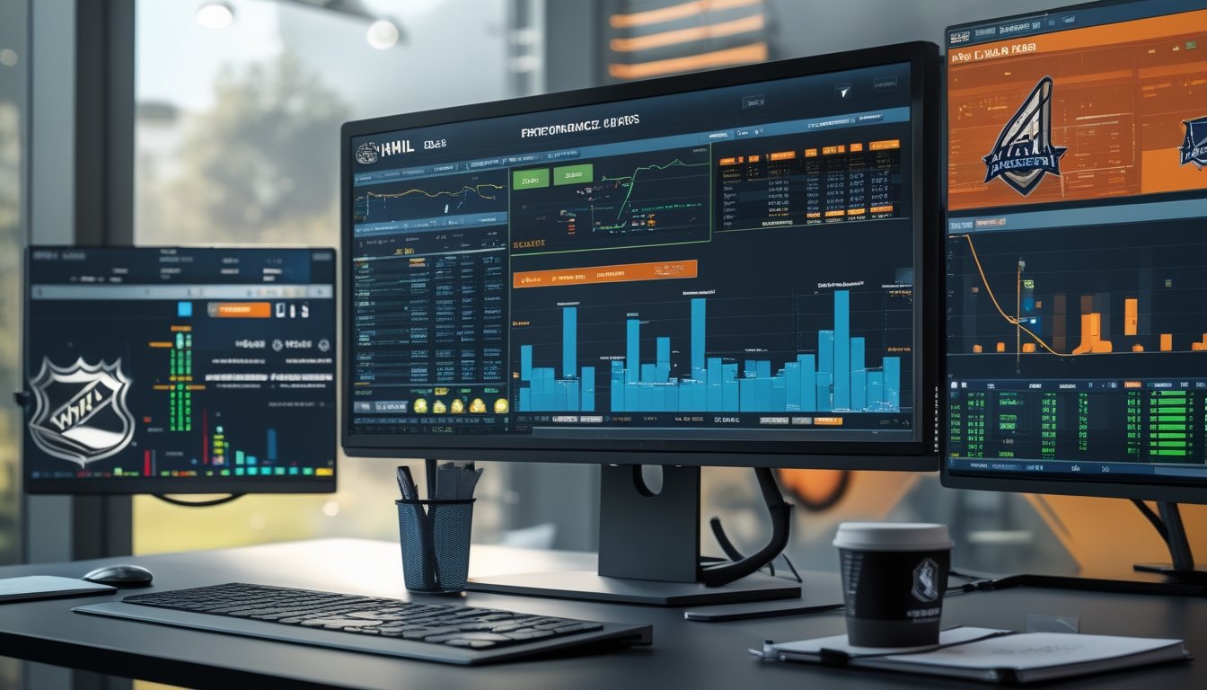 Ruang kerja analis olahraga dengan beberapa layar menampilkan statistik dan grafik performa tim NHL serta taruhan musim ini.