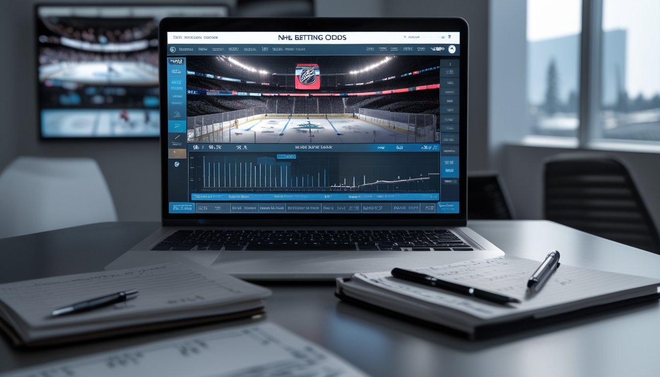 Meja kerja dengan laptop yang menampilkan grafik peluang taruhan NHL, notepad dengan catatan, dan layar besar yang menayangkan pertandingan hoki es sedang berlangsung.