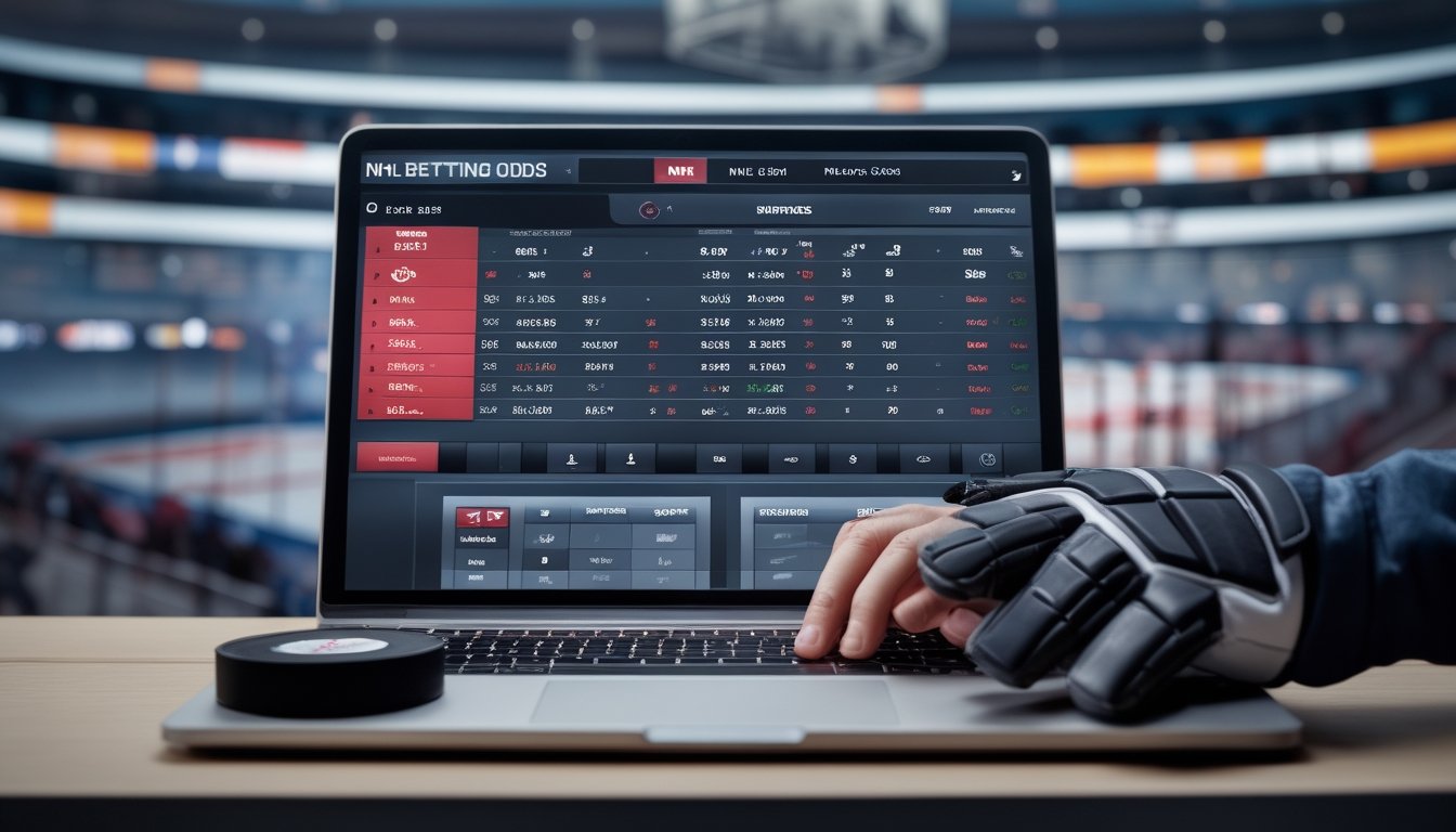 Seseorang sedang menganalisis data taruhan NHL pada layar digital dengan alat taruhan dan perlengkapan hoki di meja.