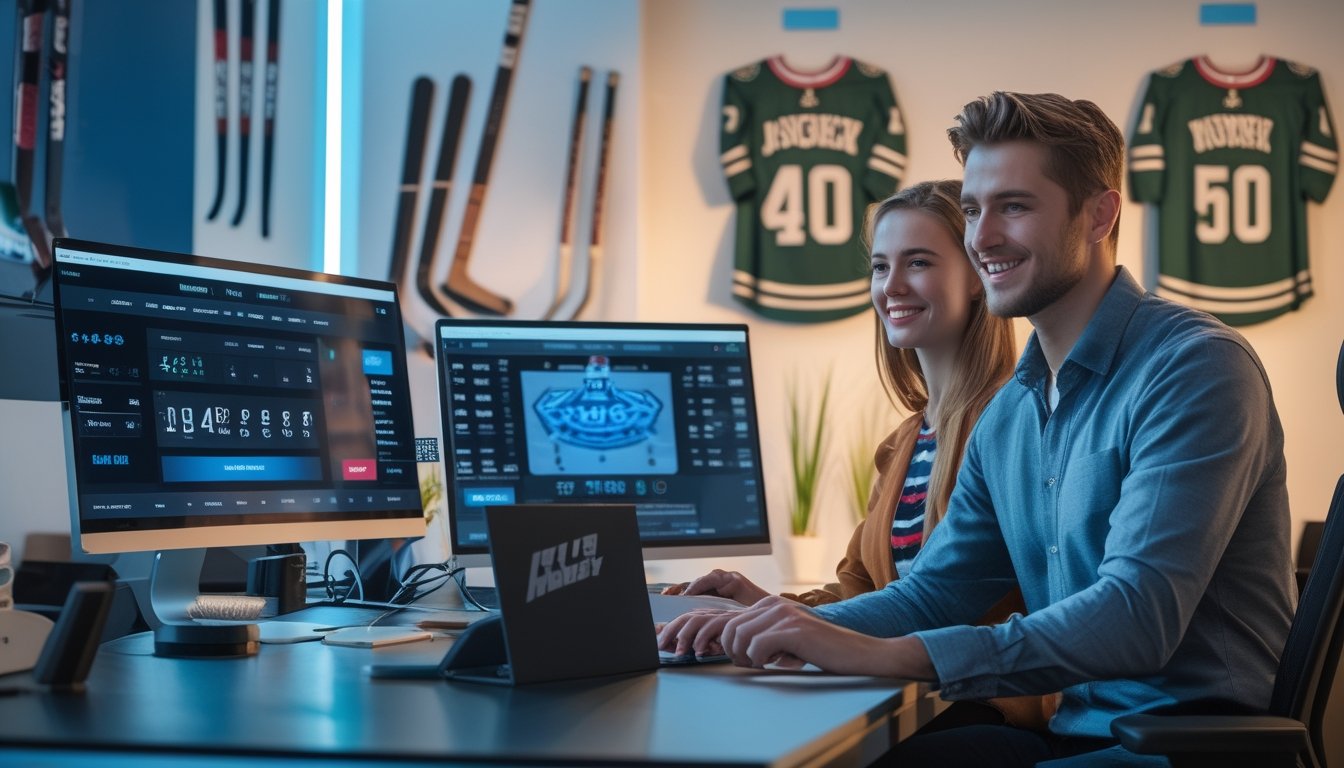 Dua orang muda duduk di depan komputer yang menampilkan pertandingan hoki NHL dan grafik taruhan, dengan dekorasi bertema hoki di latar belakang.