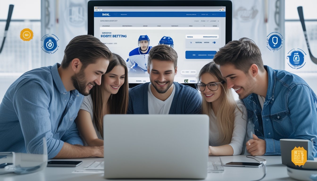 Sekelompok orang muda menggunakan laptop dan ponsel untuk memasang taruhan pada pertandingan hoki NHL dalam suasana yang aman dan nyaman.