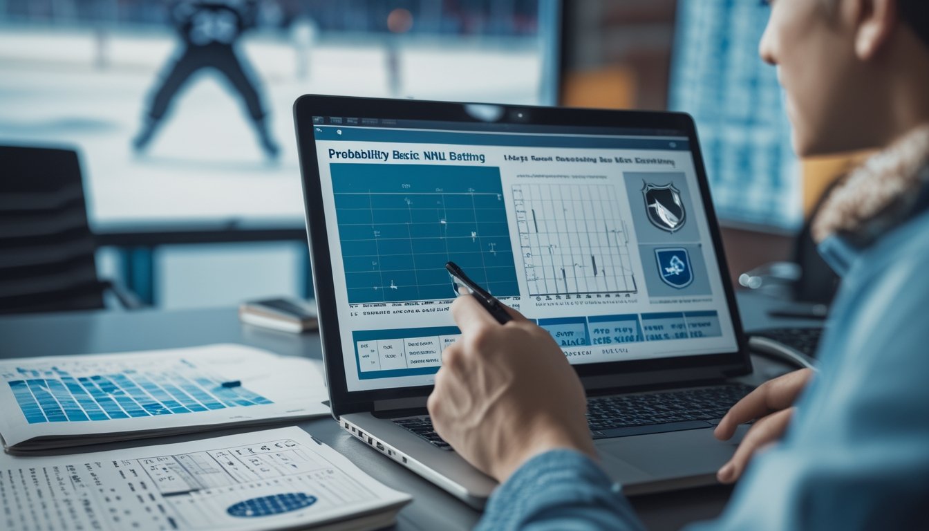 Seseorang sedang menganalisis data dan grafik taruhan hoki es di depan laptop dengan latar belakang layar yang menampilkan arena hoki es.