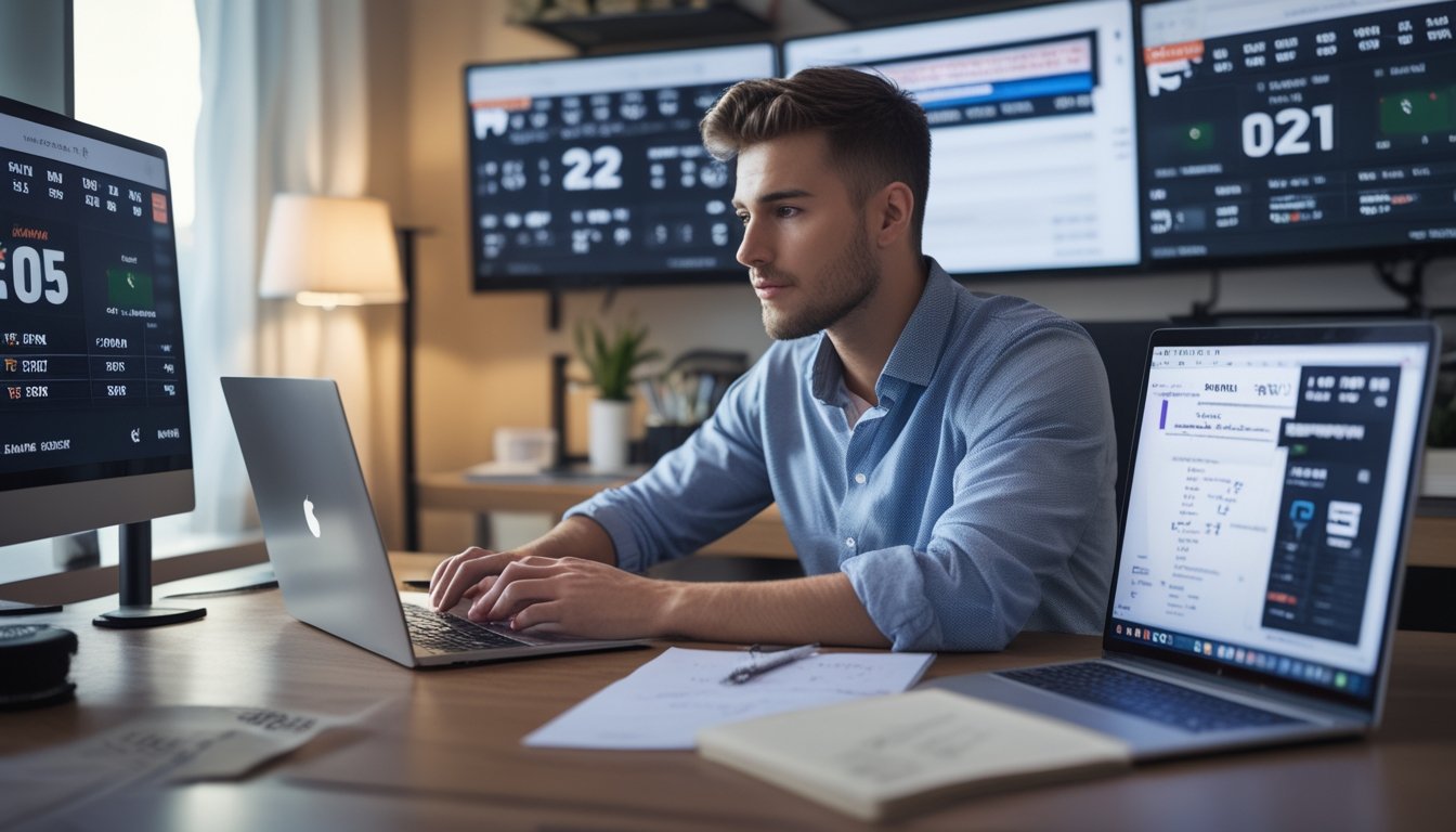 Seorang pria muda duduk di meja dengan beberapa layar yang menampilkan statistik dan peluang taruhan NHL, sambil menggunakan laptop dan ponsel dalam suasana kantor rumah yang nyaman.