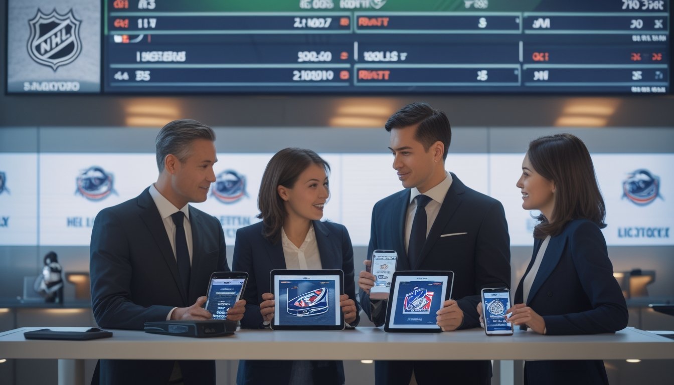 Tiga orang dewasa sedang berdiskusi dan menggunakan perangkat elektronik dengan latar layar digital yang menampilkan statistik dan peluang taruhan hoki NHL.