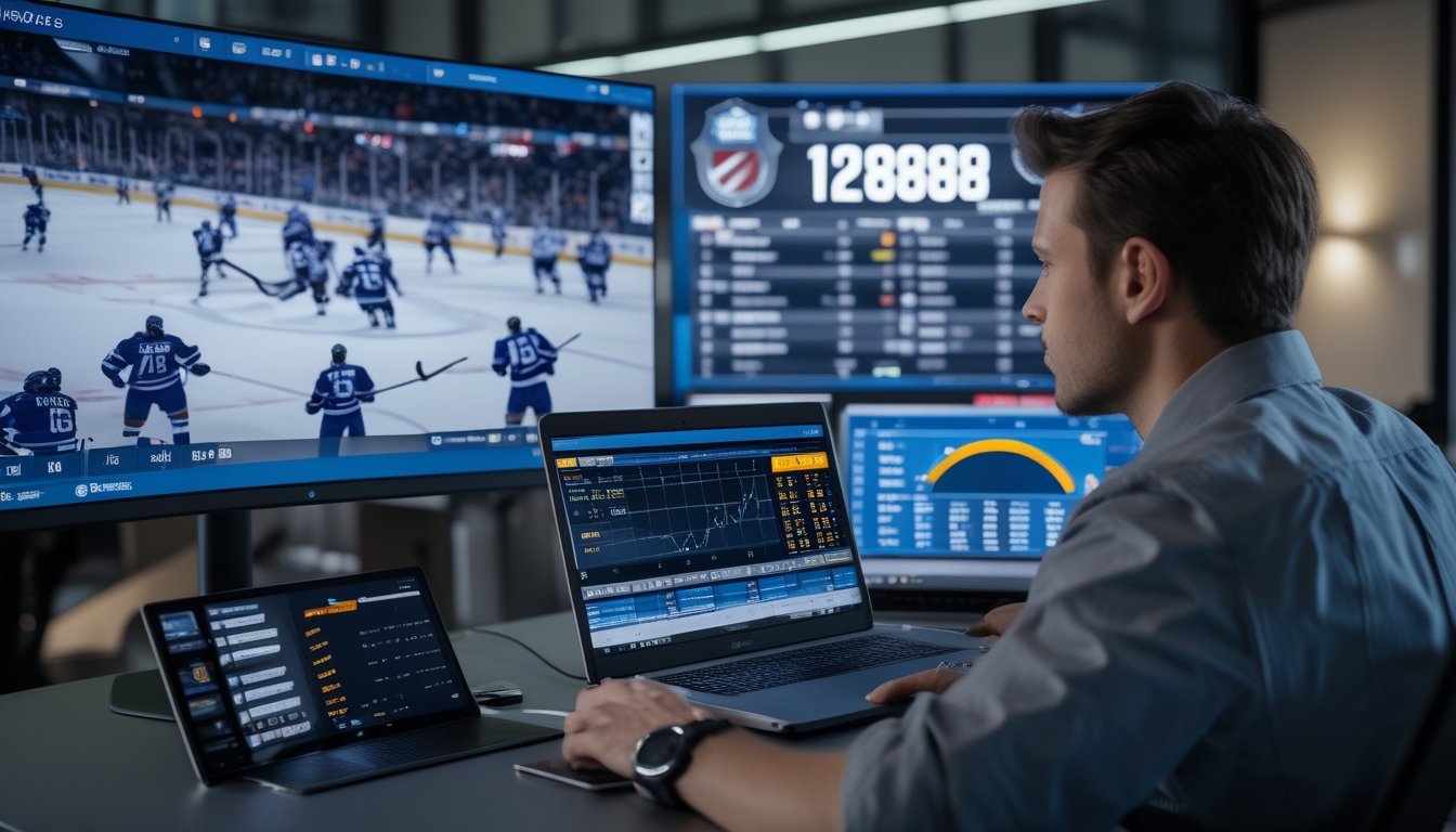 Seorang analis olahraga fokus menonton pertandingan hoki es NHL secara langsung di beberapa layar dengan data taruhan langsung di depan mereka.