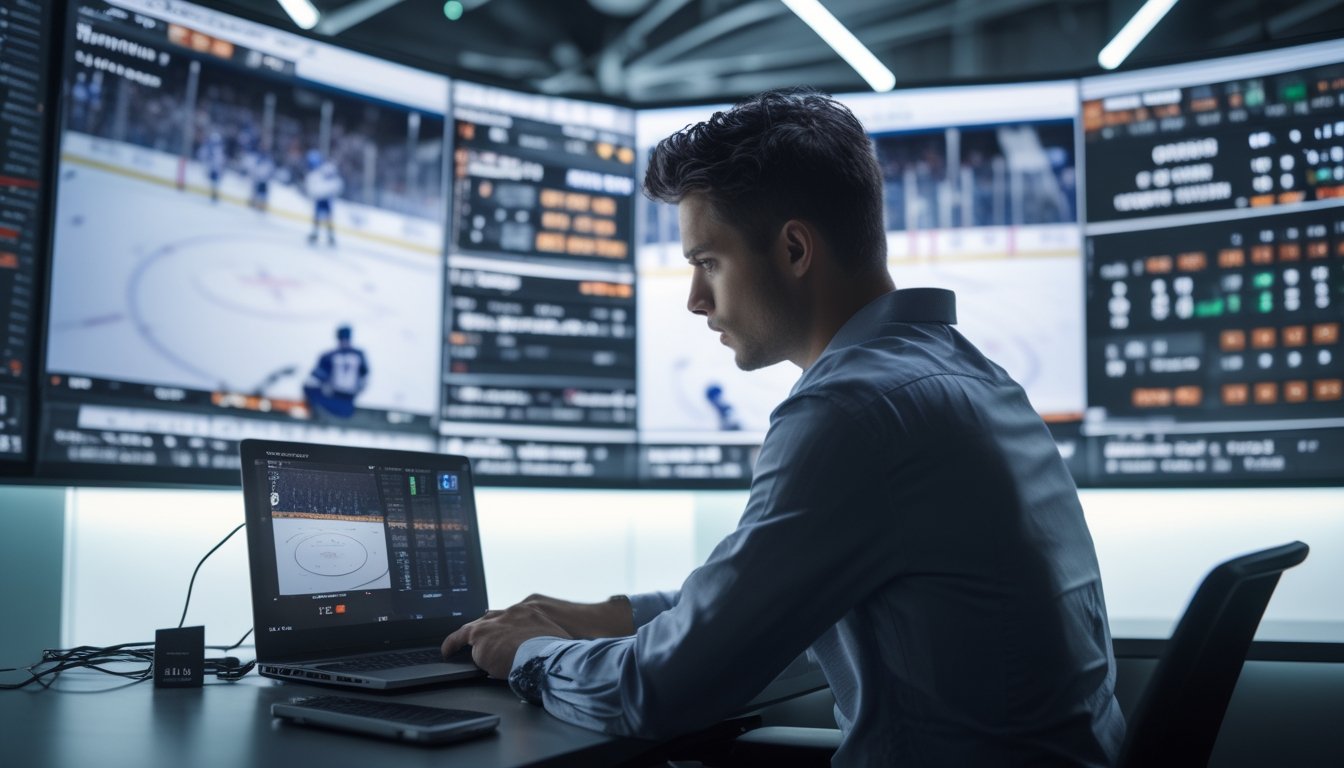 Seorang pria muda sedang fokus menganalisis statistik pertandingan hoki NHL secara langsung di depan beberapa layar digital.