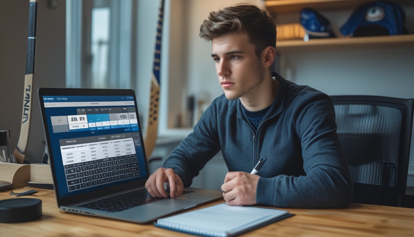 Seorang pria muda duduk di meja dengan laptop yang menampilkan statistik dan peluang taruhan NHL, sambil mencatat dengan serius di ruang kerja modern.