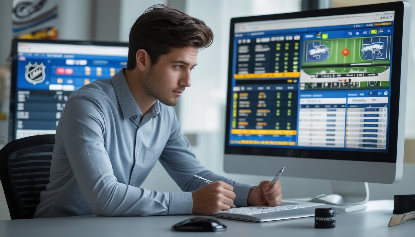Seorang pria muda duduk di meja dengan beberapa layar komputer yang menampilkan data taruhan hoki, terlihat fokus dan sedang menganalisis informasi.