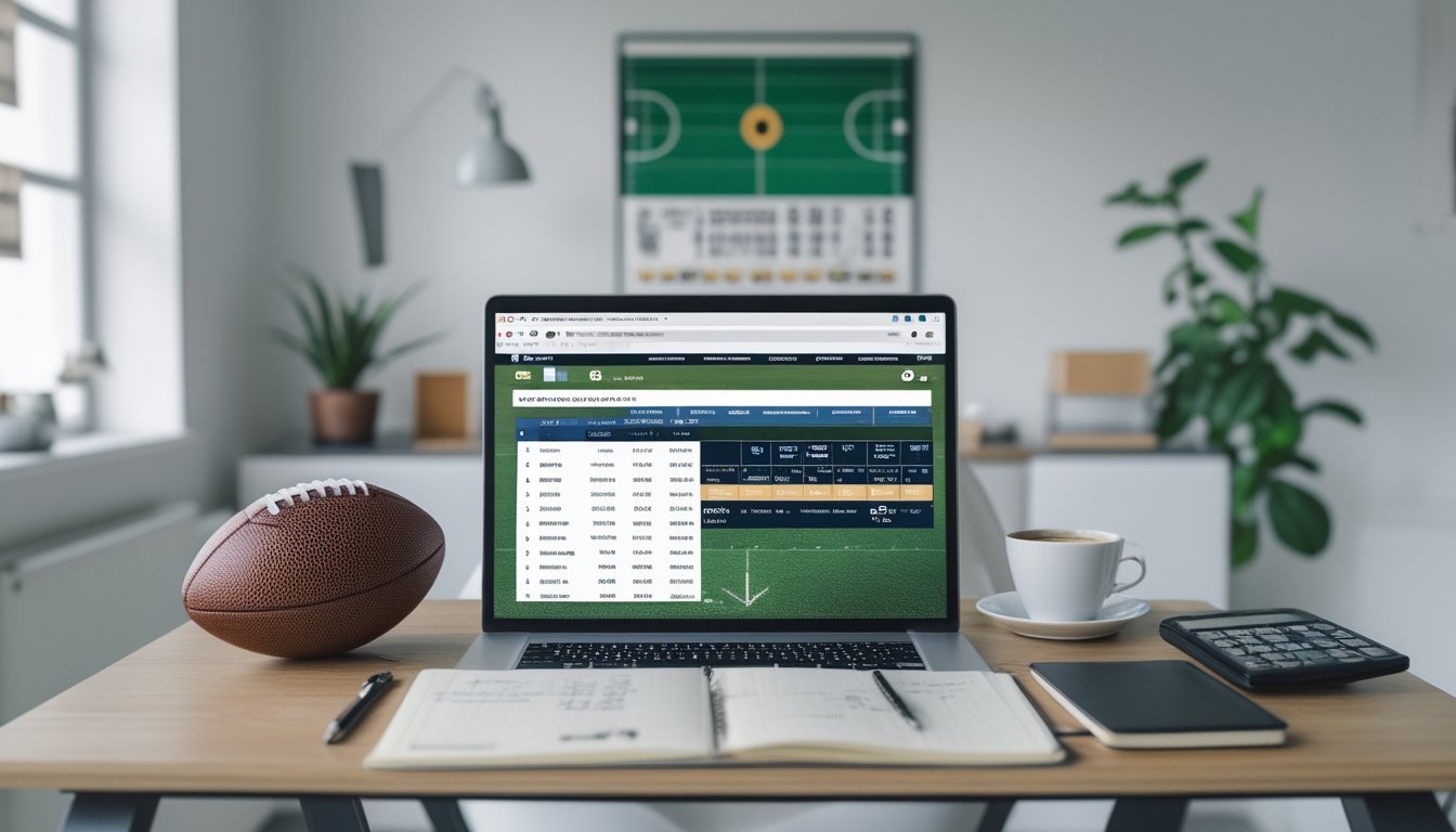 Seorang pemula sedang belajar membaca odds taruhan sepak bola dengan laptop, buku catatan, dan bola di meja.