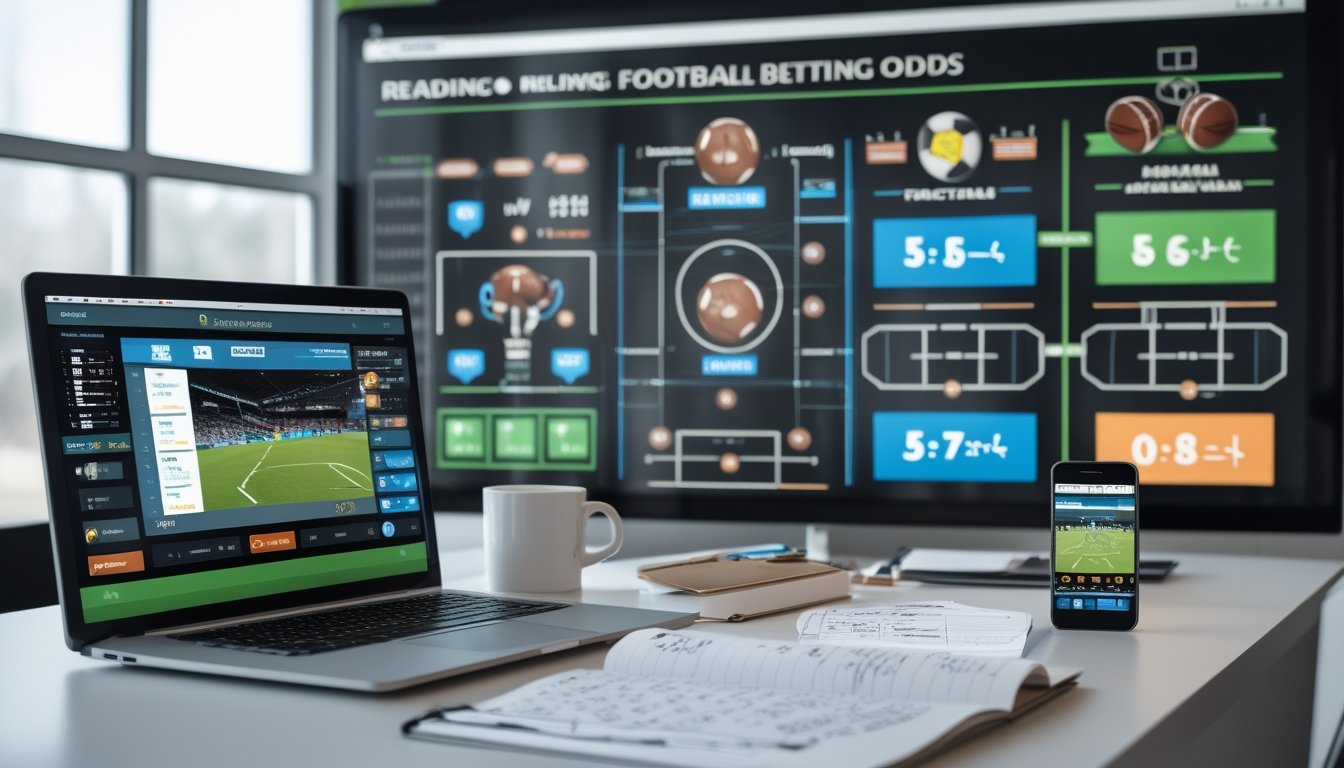 Meja kerja dengan laptop menampilkan pertandingan sepak bola dan grafik odds taruhan, notepad dengan catatan, dan layar belakang yang menunjukkan jenis-jenis odds taruhan sepak bola.