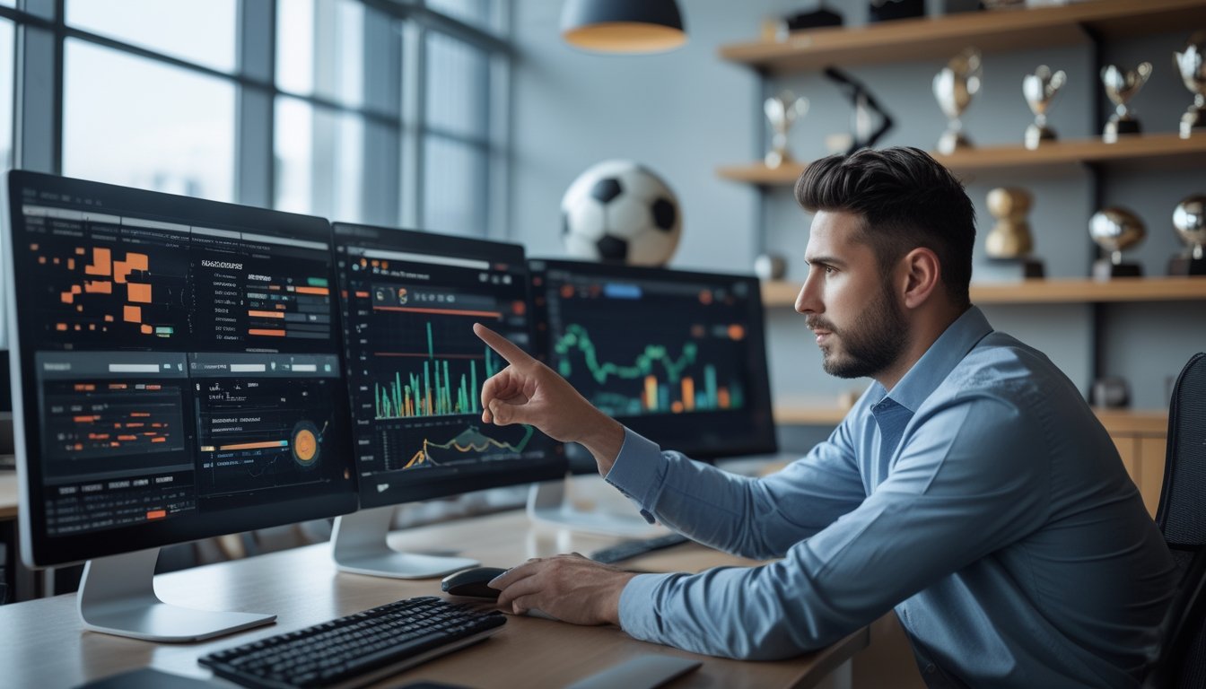 Seorang analis olahraga pria sedang menganalisis strategi taruhan sepak bola di depan beberapa layar komputer di kantor modern.