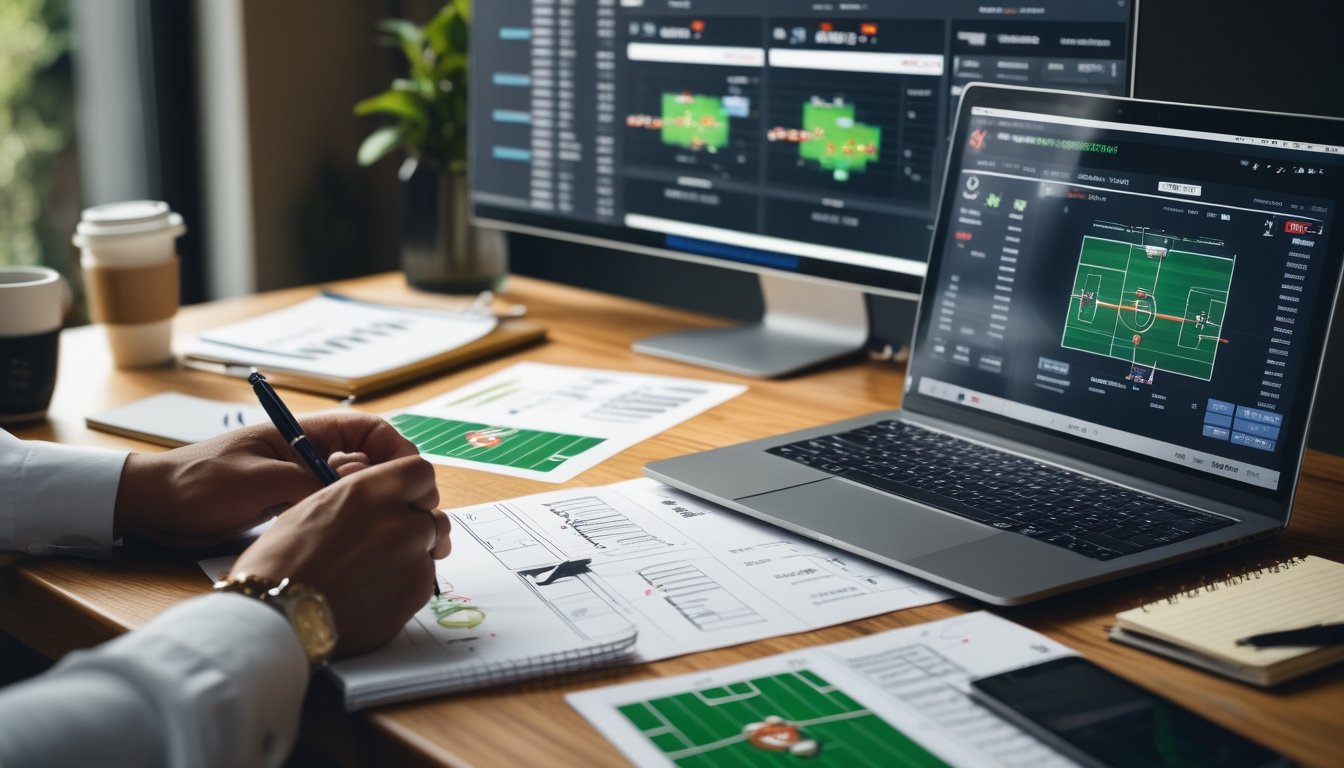 Seseorang sedang menganalisis statistik dan strategi sepak bola di meja kerja dengan laptop dan diagram taktik.